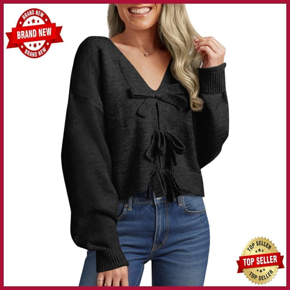 Cropped V-Neck Bow Sweater, Cozy Knit Pullover, Long Sleeve Fall Top